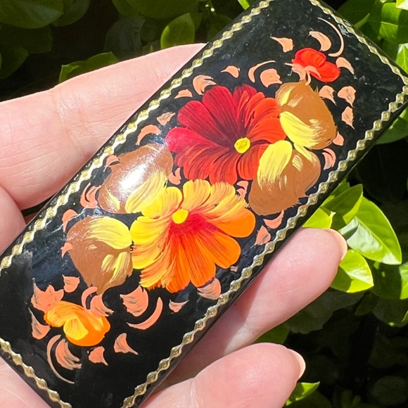Vintage Russian Lacquer Hand painted Floral Yellow Orange Red Barrette Hair Clip main image 7
